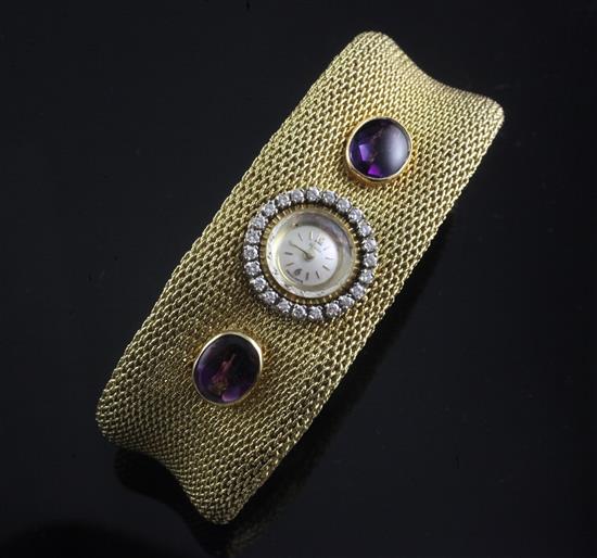A ladys 18ct gold, cabochon amethyst and diamond set Zenith manual wind bracelet watch,